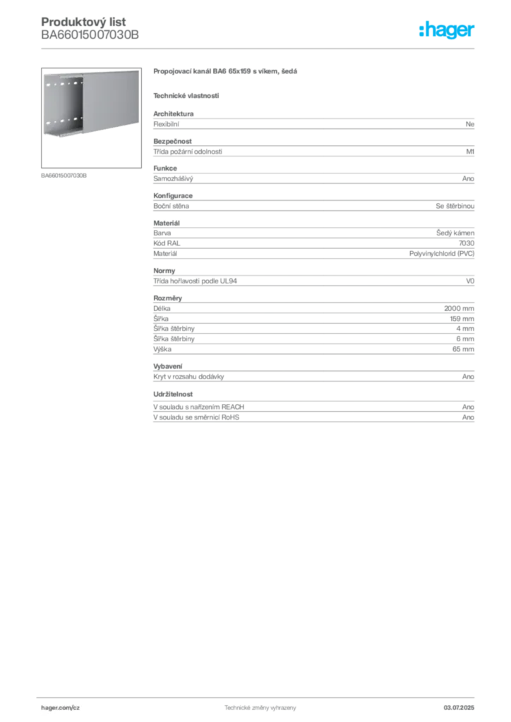 Obrázek Hager Produktový list BA66015007030B | Hager