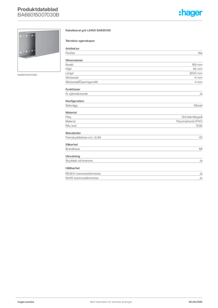 Bild Hager Produktdatablad BA66015007030B | Hager Sverige