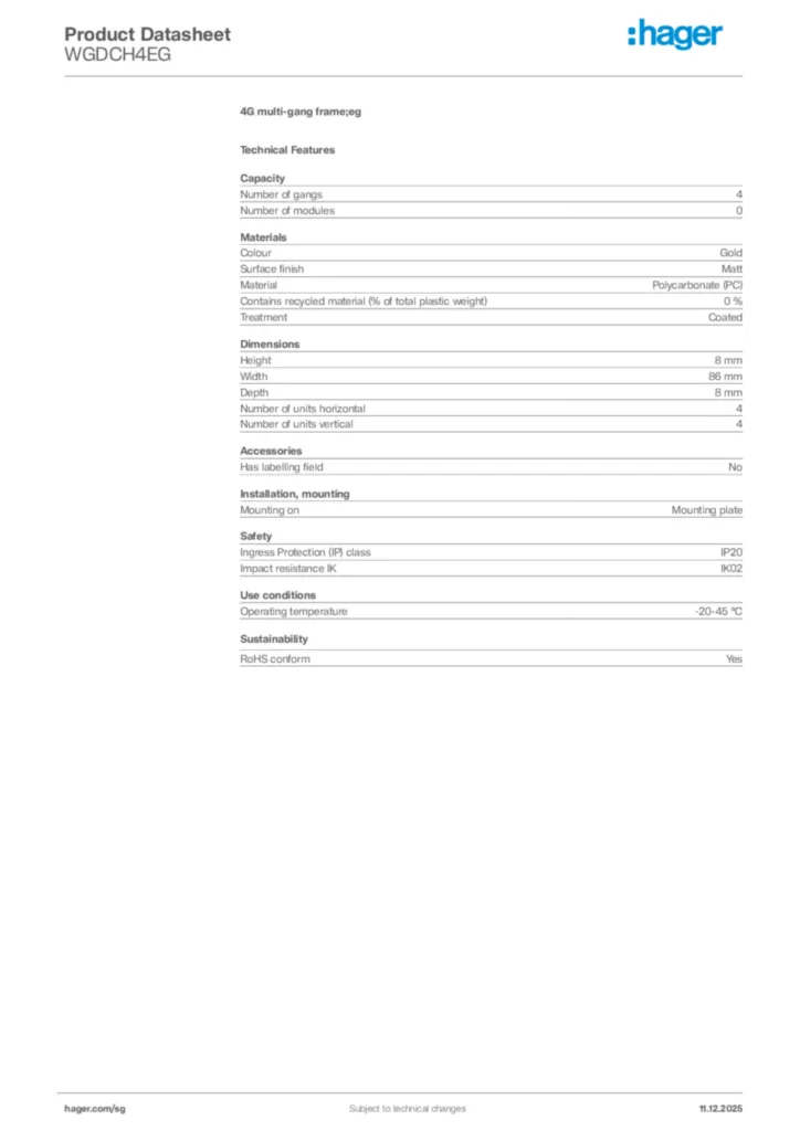 Image Hager Product data sheet WGDCH4EG  | Hager