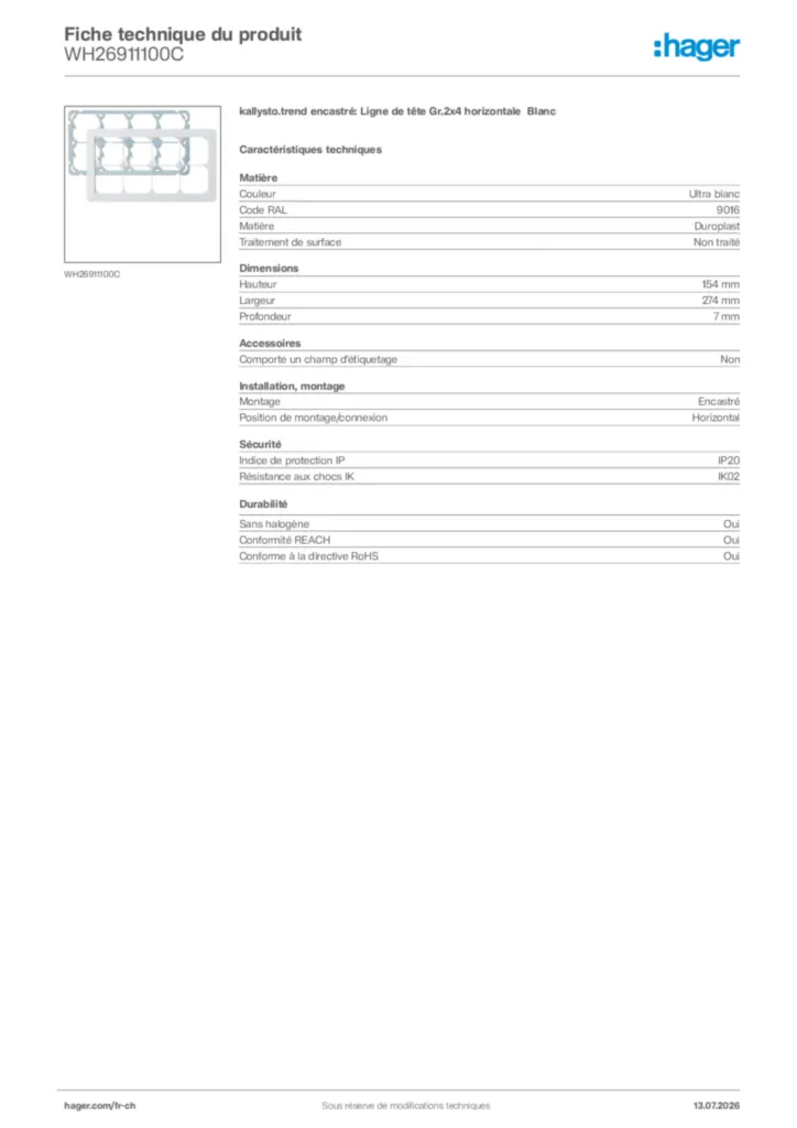 Image Hager Fiche technique du produit WH26911100C | Hager Suisse