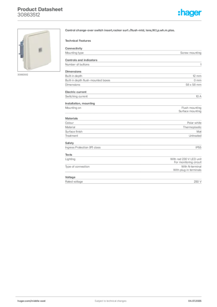 Image Hager Product data sheet 30863512  | Hager