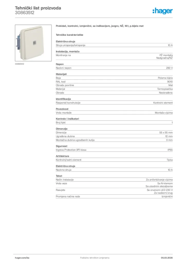 Slika Hager Tehnički list proizvoda 30863512  | Hager