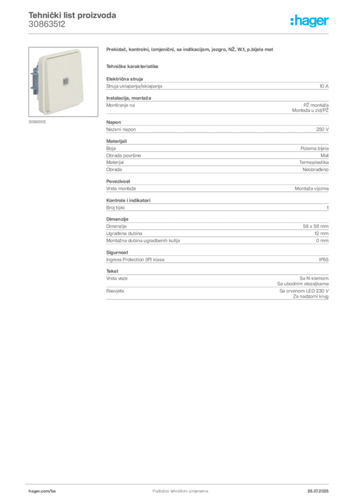 Slika Hager Product data sheet 30863512  | Hager