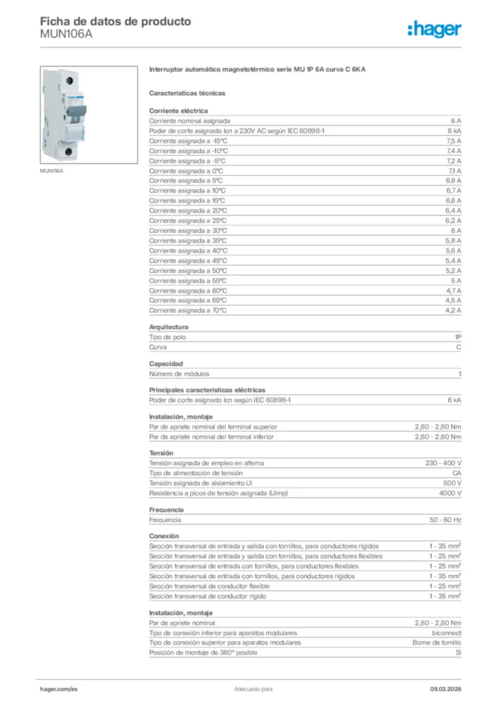 Imagen Hager Ficha de datos de producto MUN106A | Hager España