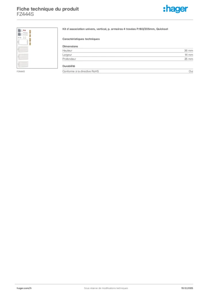 Image Hager Fiche technique du produit FZ444S | Hager France