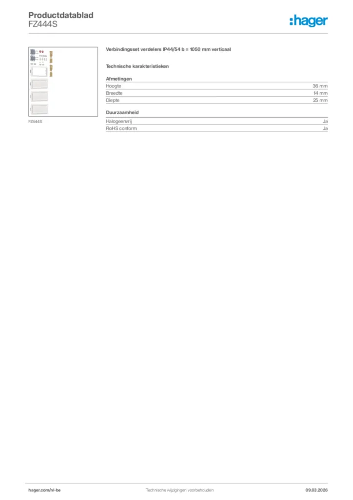 Afbeelding Hager Productdatablad FZ444S | Hager Belgium