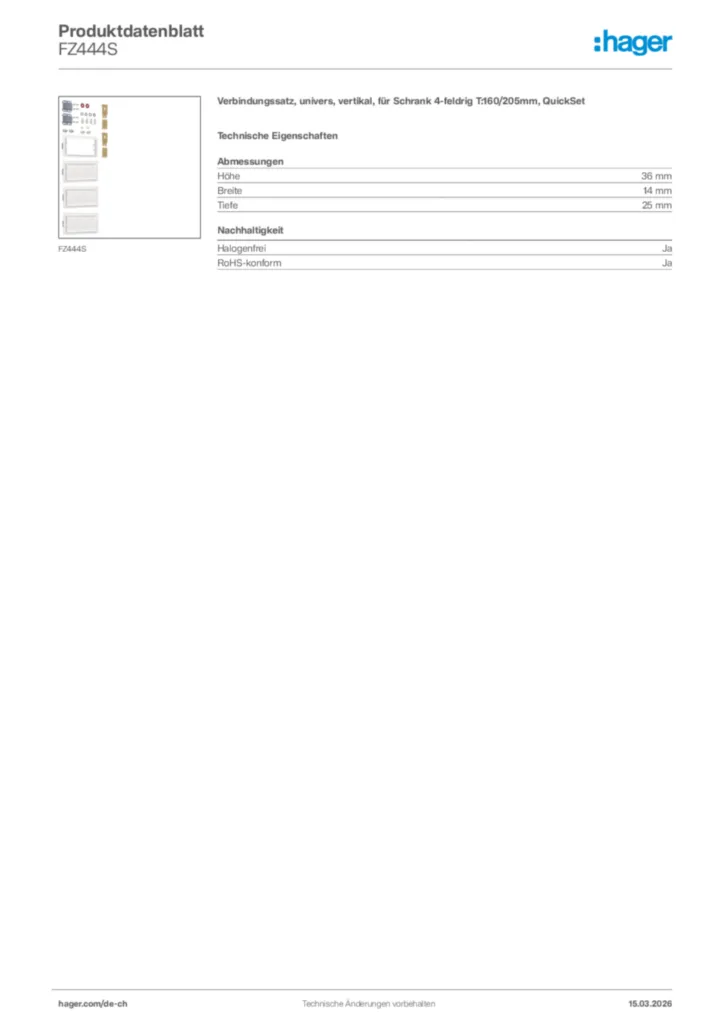 Bild Hager Produktdatenblatt FZ444S | Hager Schweiz