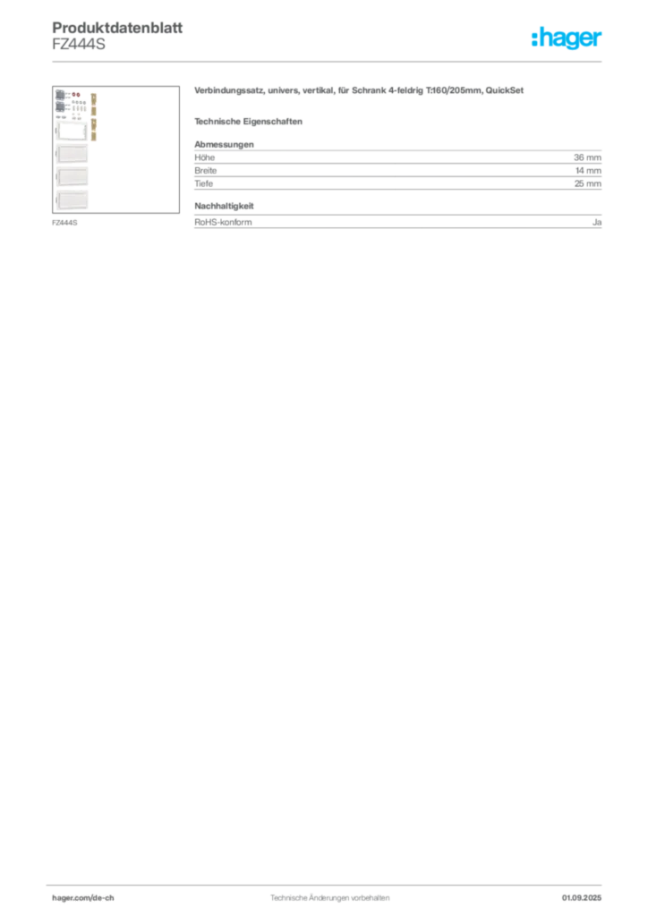 Bild Hager Produktdatenblatt FZ444S | Hager Schweiz
