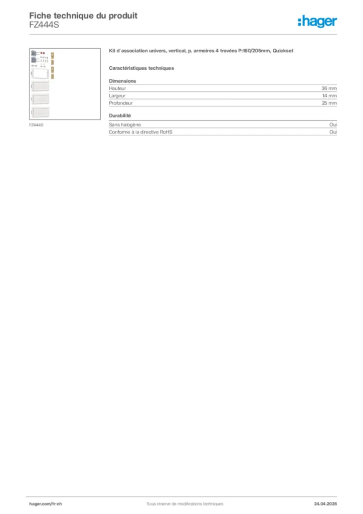 Image Hager Fiche technique du produit FZ444S | Hager Suisse