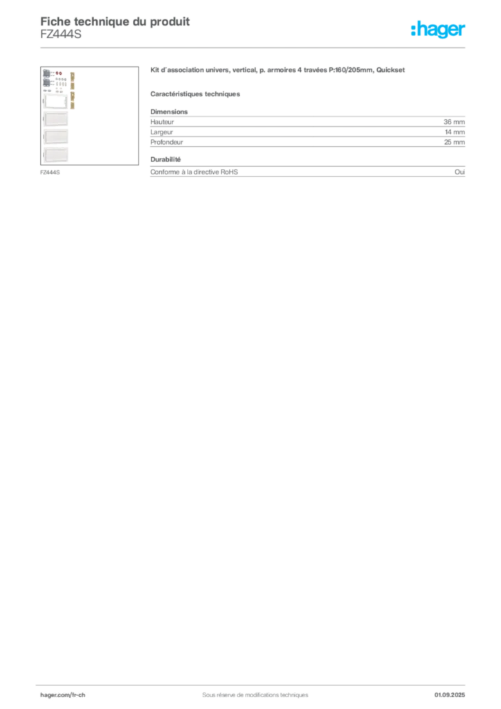 Image Hager Fiche technique du produit FZ444S | Hager Suisse