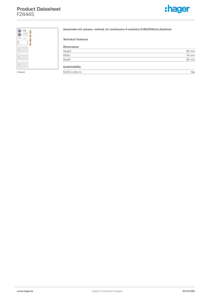 Image Hager Product data sheet FZ444S  | Hager