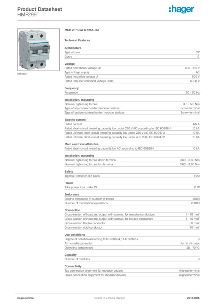 Image Hager Product data sheet HMF299T  | Hager Australia