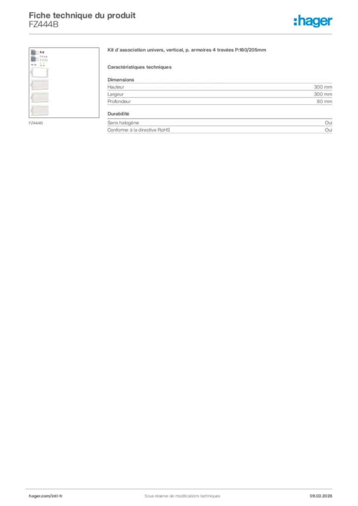 Image Hager Fiche technique du produit FZ444B | Hager Afrique