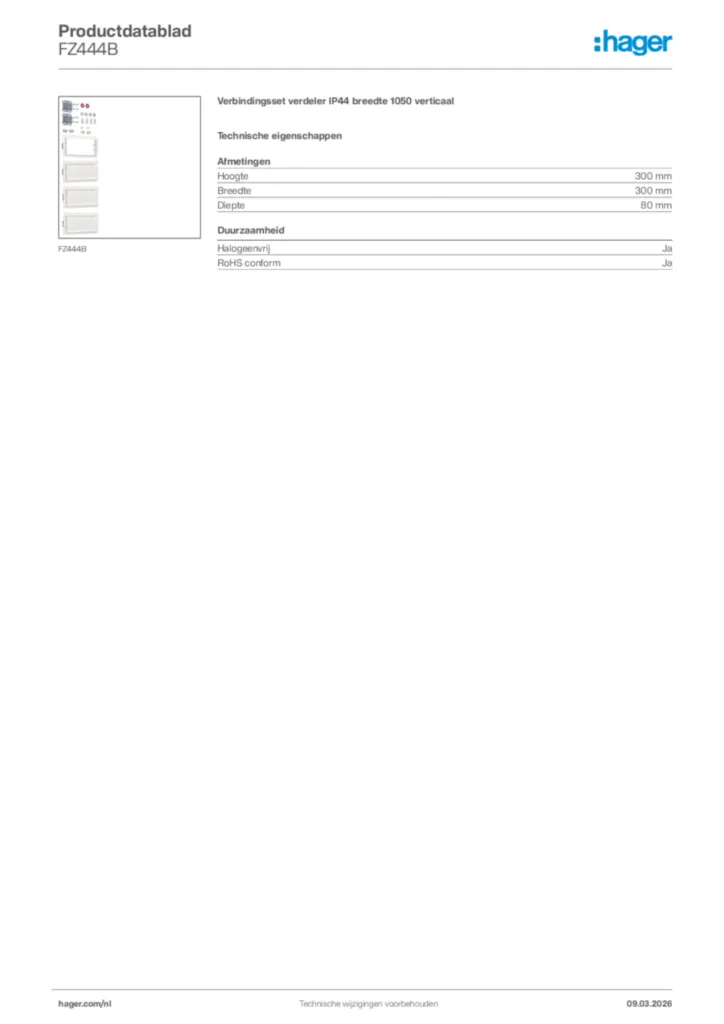 Afbeelding Hager Productdatablad FZ444B | Hager Nederland
