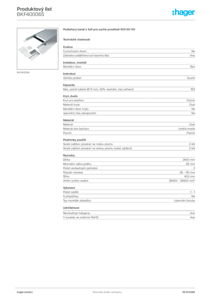 Obrázek Hager Produktový list BKF400065 | Hager