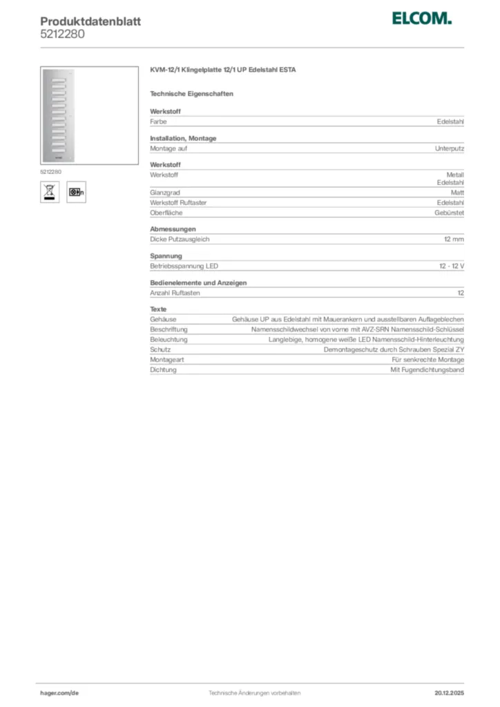 Bild Elcom Produktdatenblatt 5212280 | Hager Deutschland
