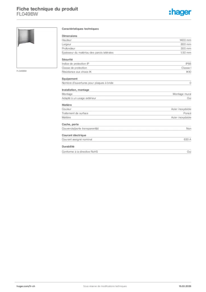 Image Hager Fiche technique du produit FL049BW | Hager Suisse
