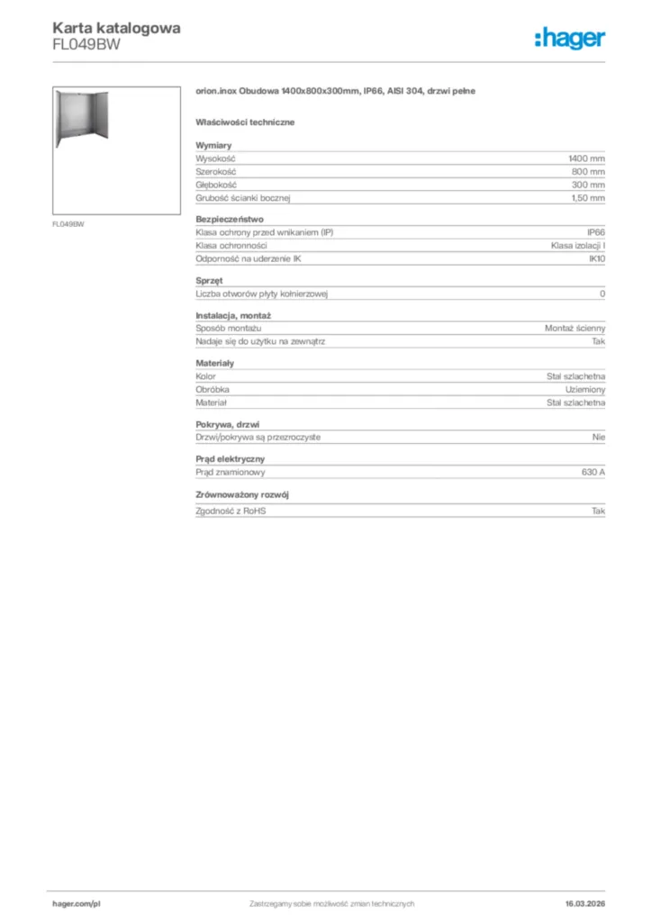 Zdjęcie Hager Karta katalogowa FL049BW | Hager Polska