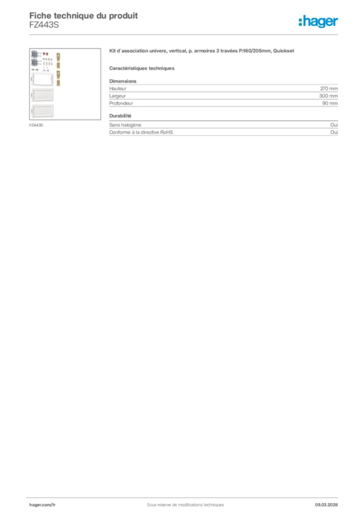 Image Hager Fiche technique du produit FZ443S | Hager France