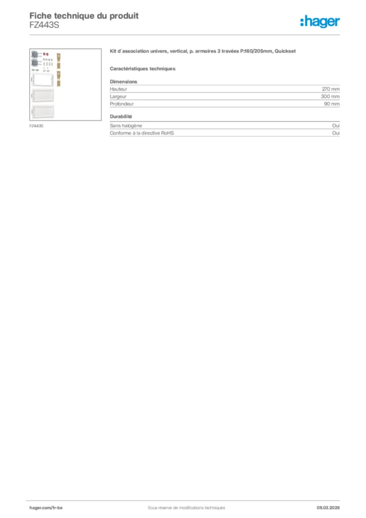 Image Hager Fiche technique du produit FZ443S | Hager Belgique