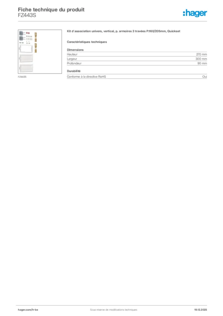 Image Hager Fiche technique du produit FZ443S | Hager Belgique