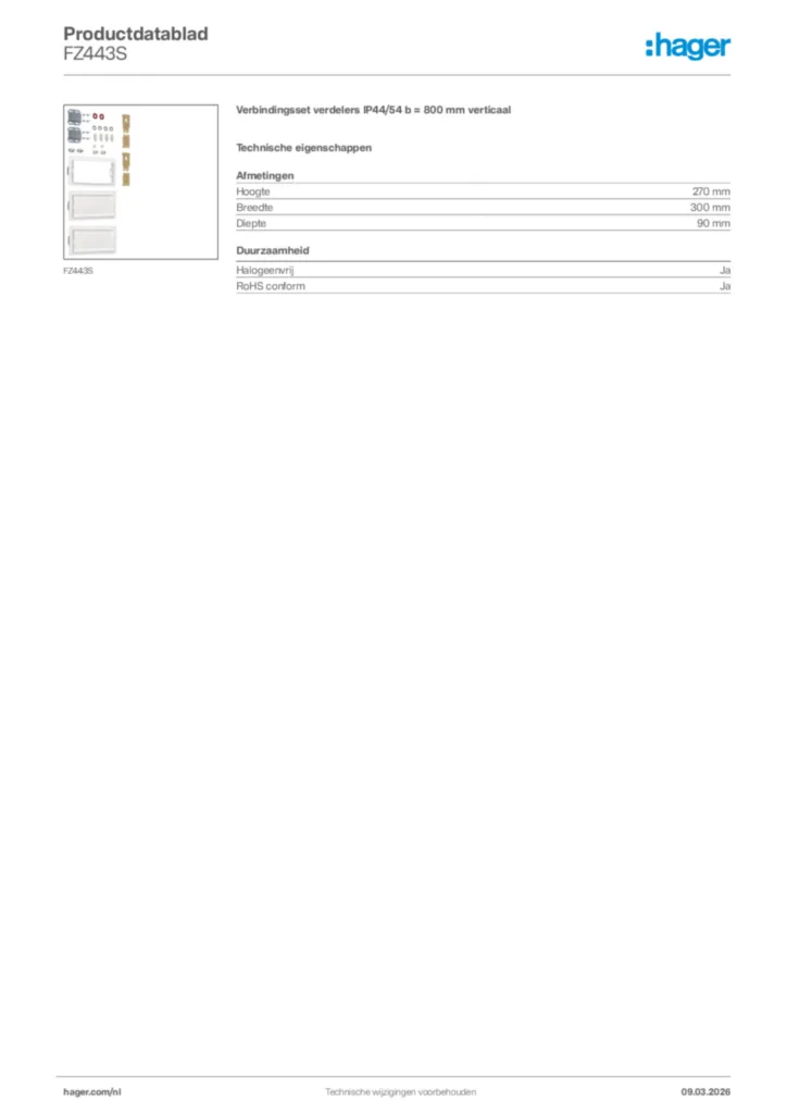Afbeelding Hager Productdatablad FZ443S | Hager Nederland