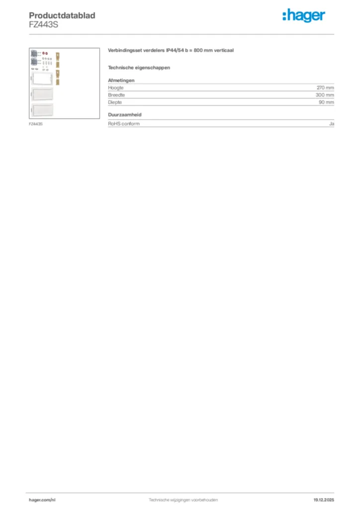 Afbeelding Hager Productdatablad FZ443S | Hager Nederland