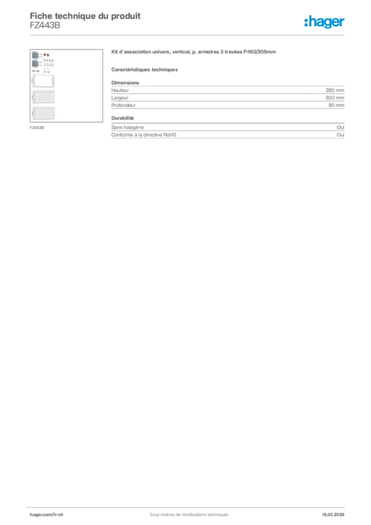 Image Hager Fiche technique du produit FZ443B | Hager Suisse