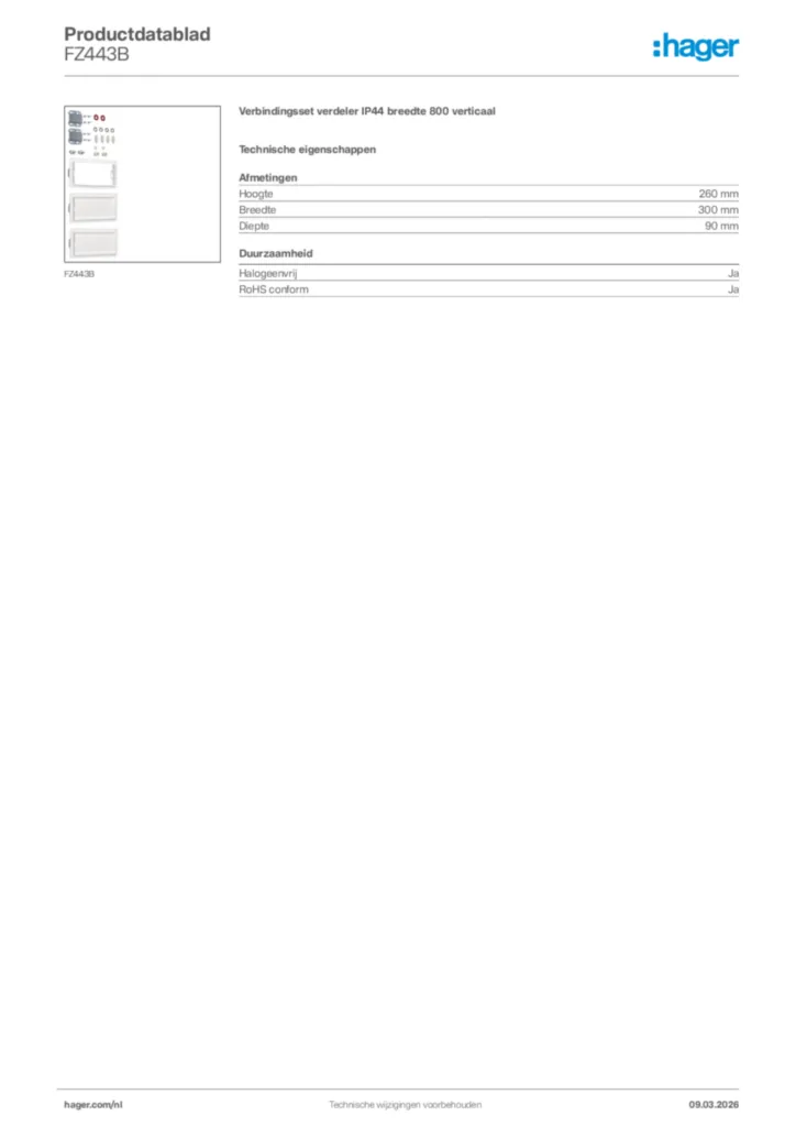 Afbeelding Hager Productdatablad FZ443B | Hager Nederland