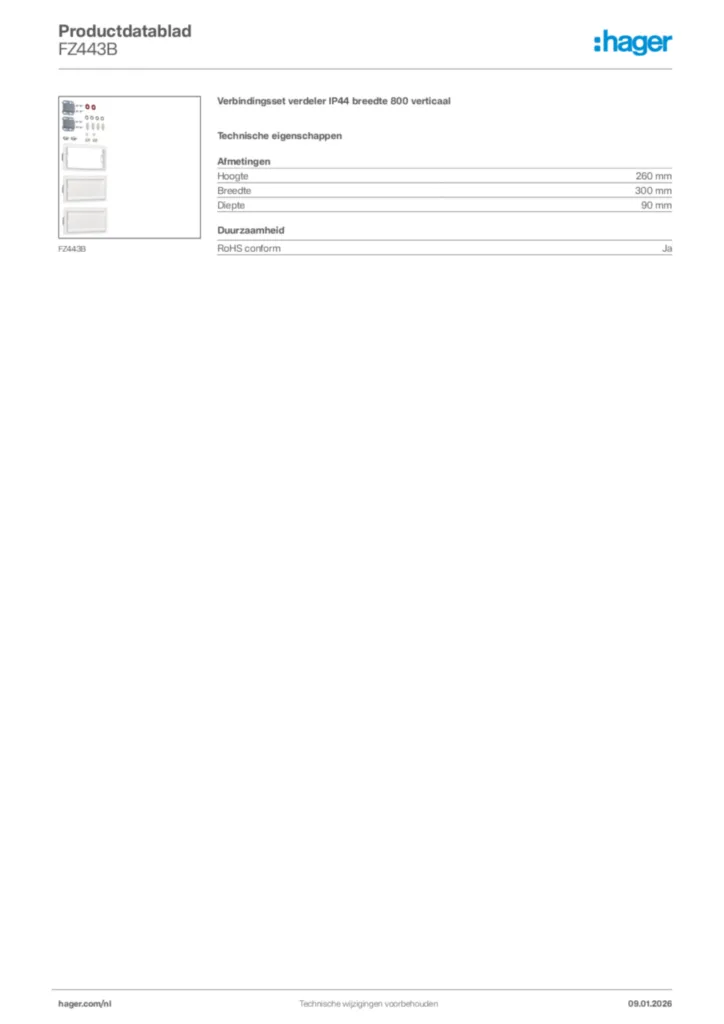 Afbeelding Hager Productdatablad FZ443B | Hager Nederland