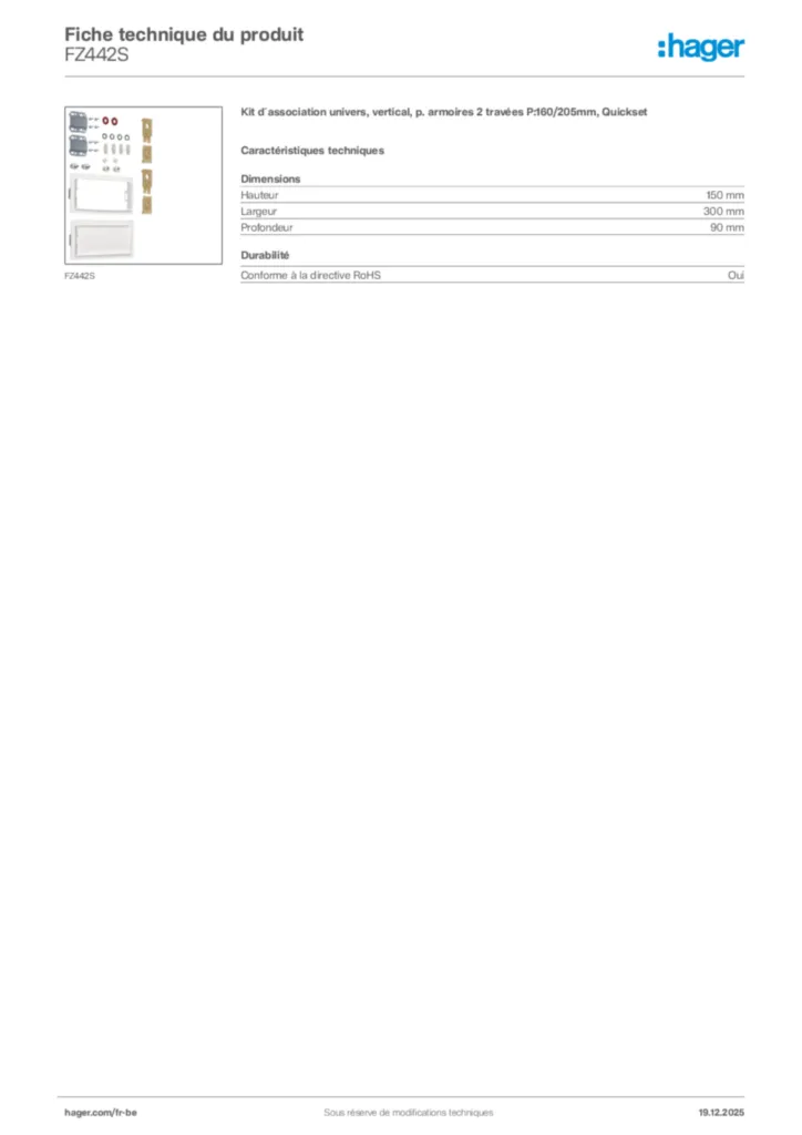 Image Hager Fiche technique du produit FZ442S | Hager Belgique