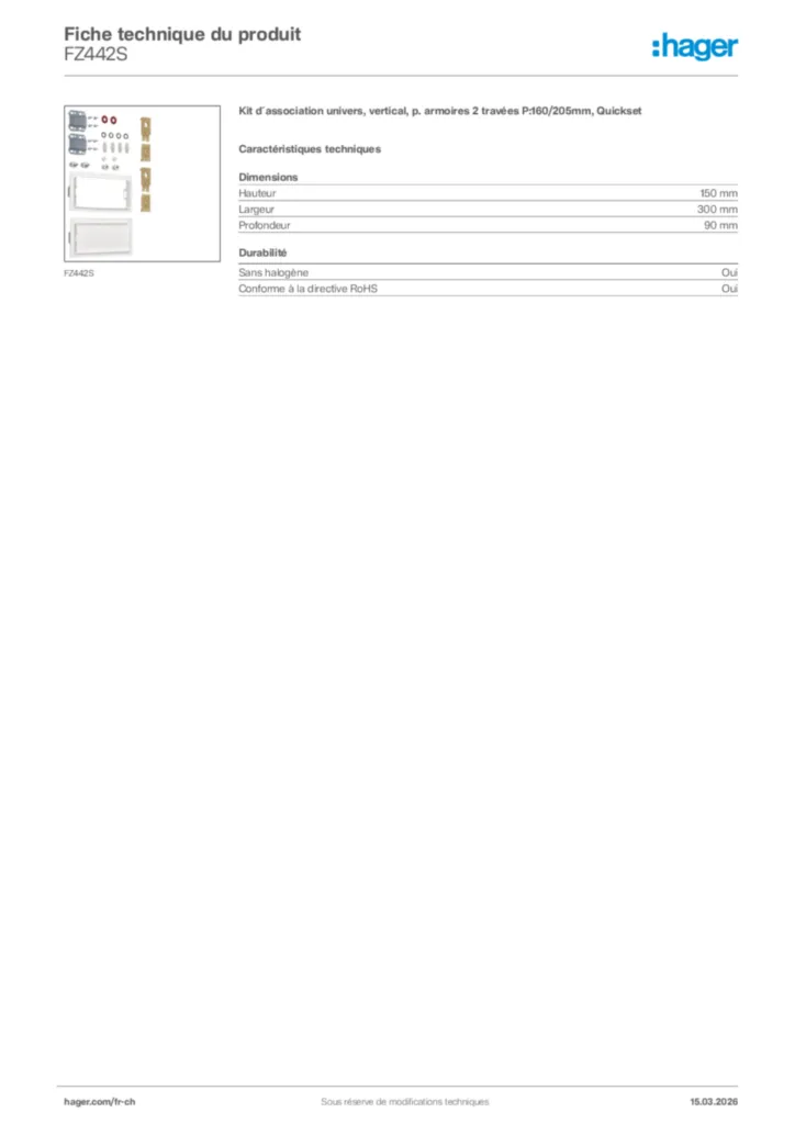 Image Hager Fiche technique du produit FZ442S | Hager Suisse