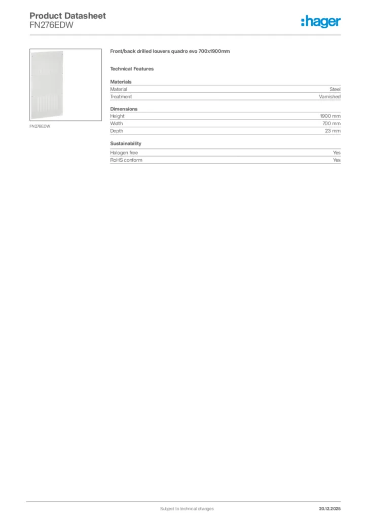 Image Hager Product data sheet FN276EDW  | Hager Africa