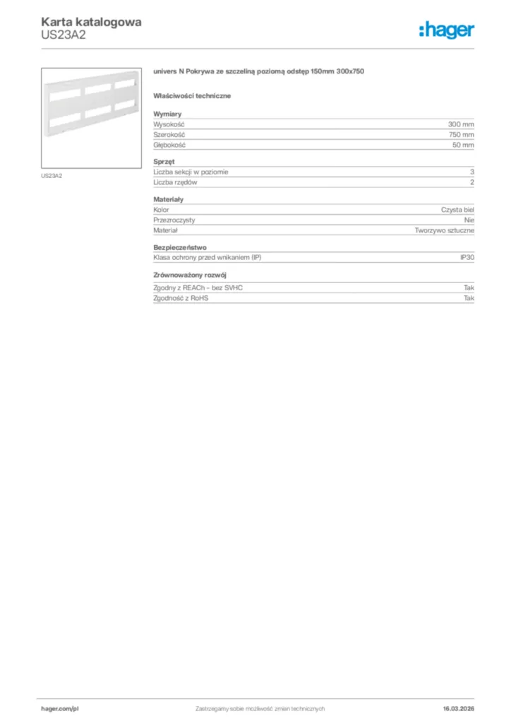 Zdjęcie Hager Karta katalogowa US23A2 | Hager Polska