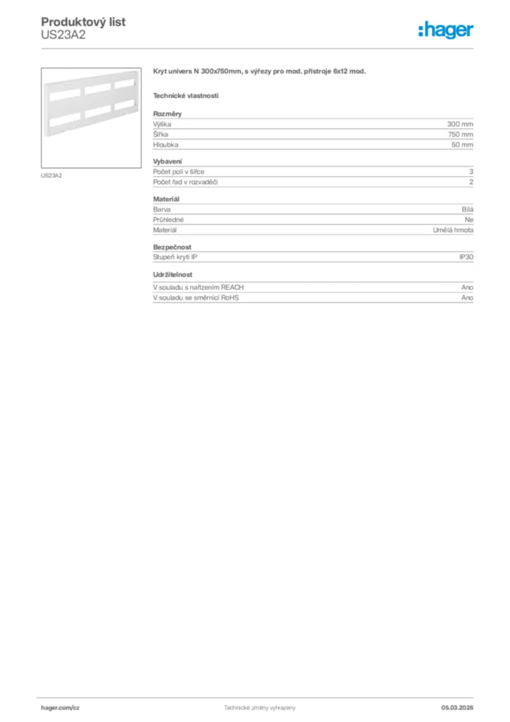 Obrázek Hager Product data sheet US23A2 | Hager