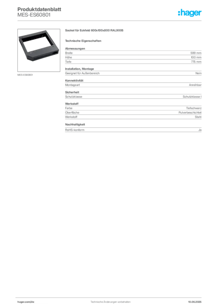 Bild Hager Produktdatenblatt MES-ES60801 | Hager Deutschland