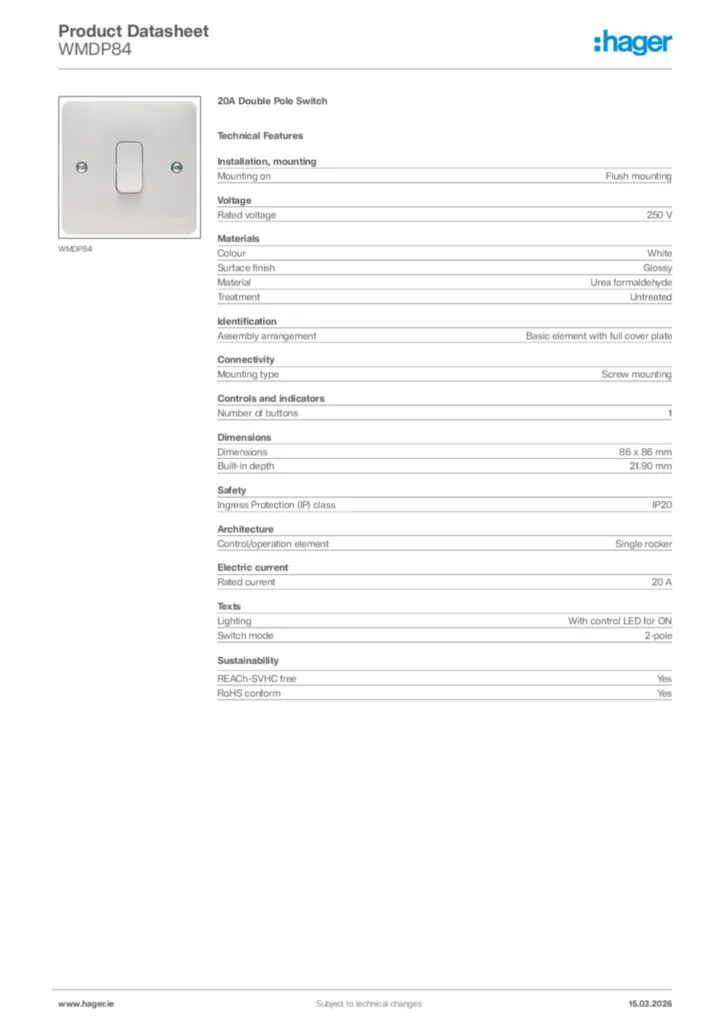 Image Hager Product data sheet WMDP84  | Hager