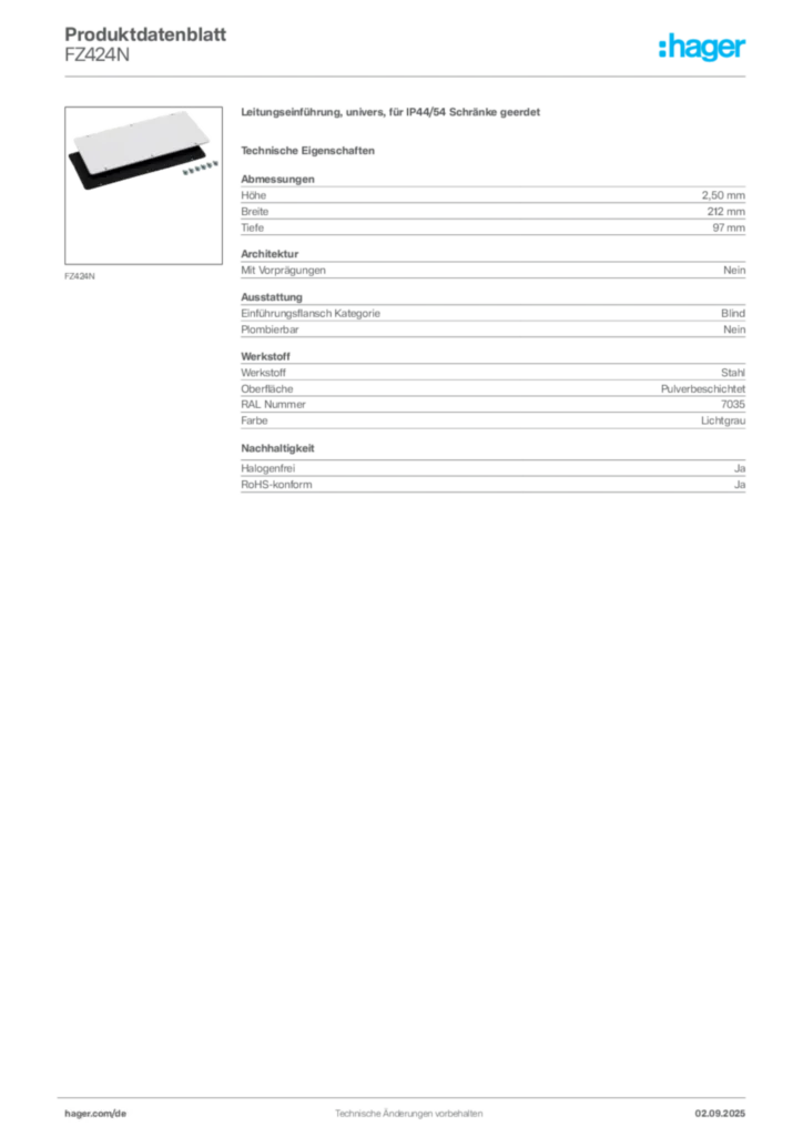 Hager Produktdatenblatt FZ424N
