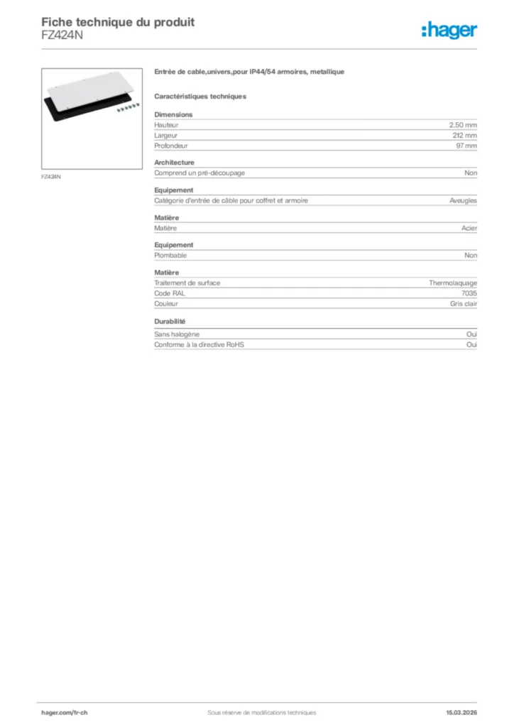 Image Hager Fiche technique du produit FZ424N | Hager Suisse