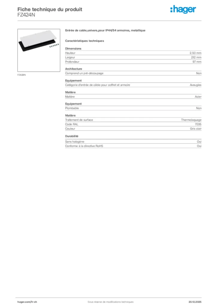 Image Hager Fiche technique du produit FZ424N | Hager Suisse