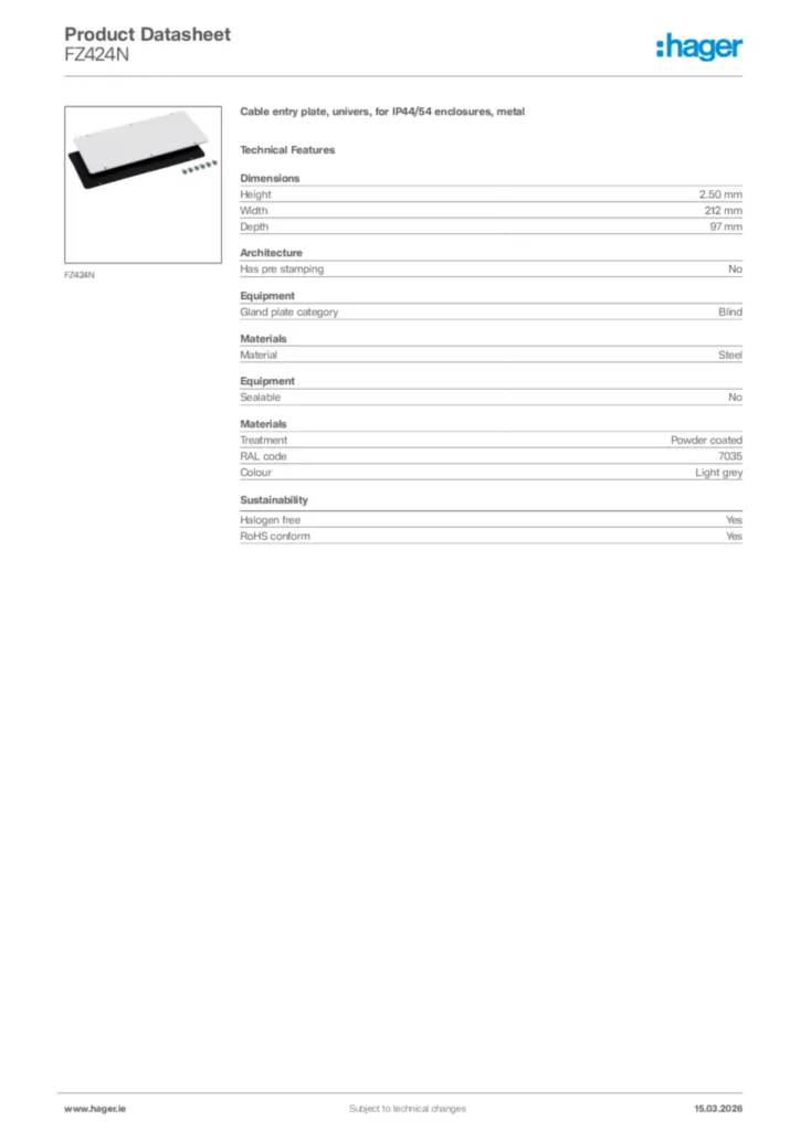 Image Hager Product data sheet FZ424N  | Hager