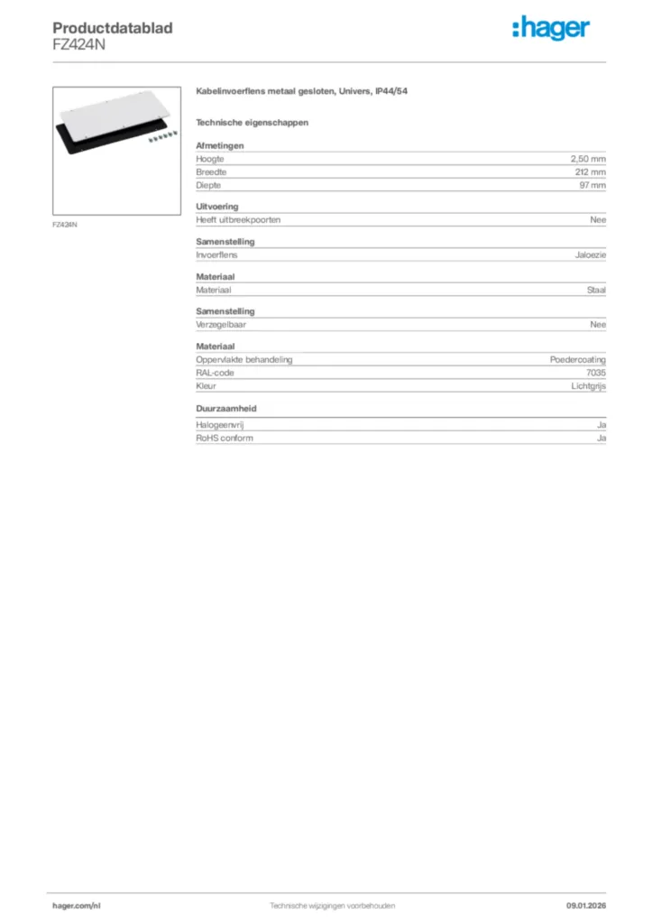 Afbeelding Hager Productdatablad FZ424N | Hager Nederland
