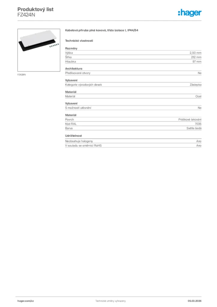 Obrázek Hager Product data sheet FZ424N | Hager