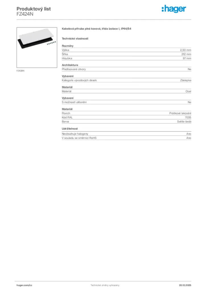 Obrázek Hager Produktový list FZ424N | Hager