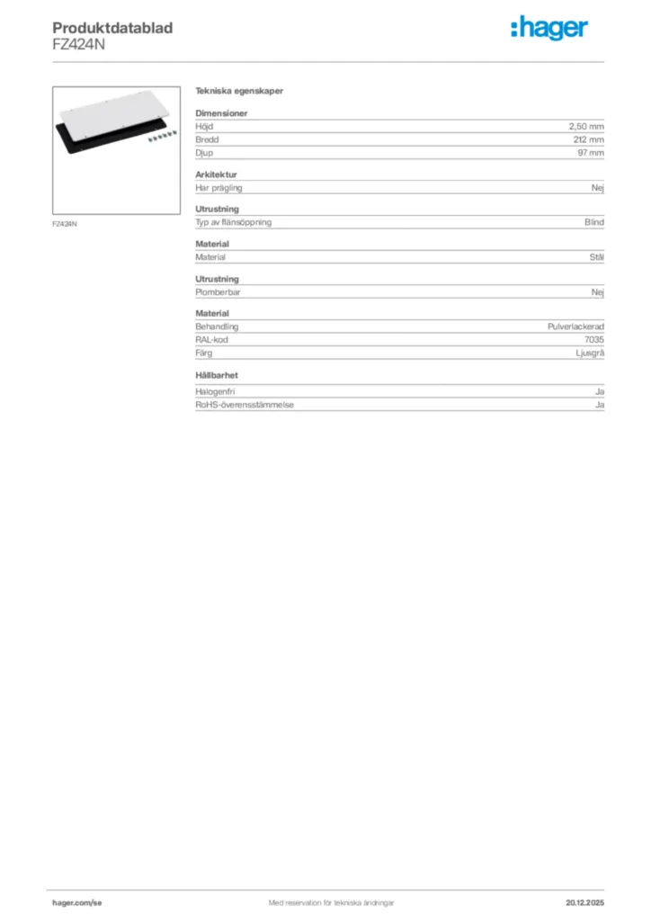Bild Hager Produktdatablad FZ424N | Hager Sverige