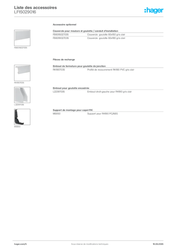 Image Hager Fiche technique du produit LF15029016 | Hager France
