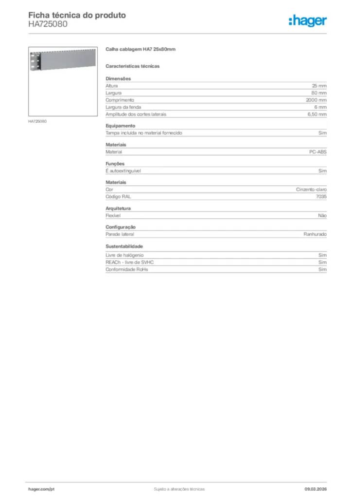 Imagem Hager Ficha técnica do produto HA725080 | Hager Portugal
