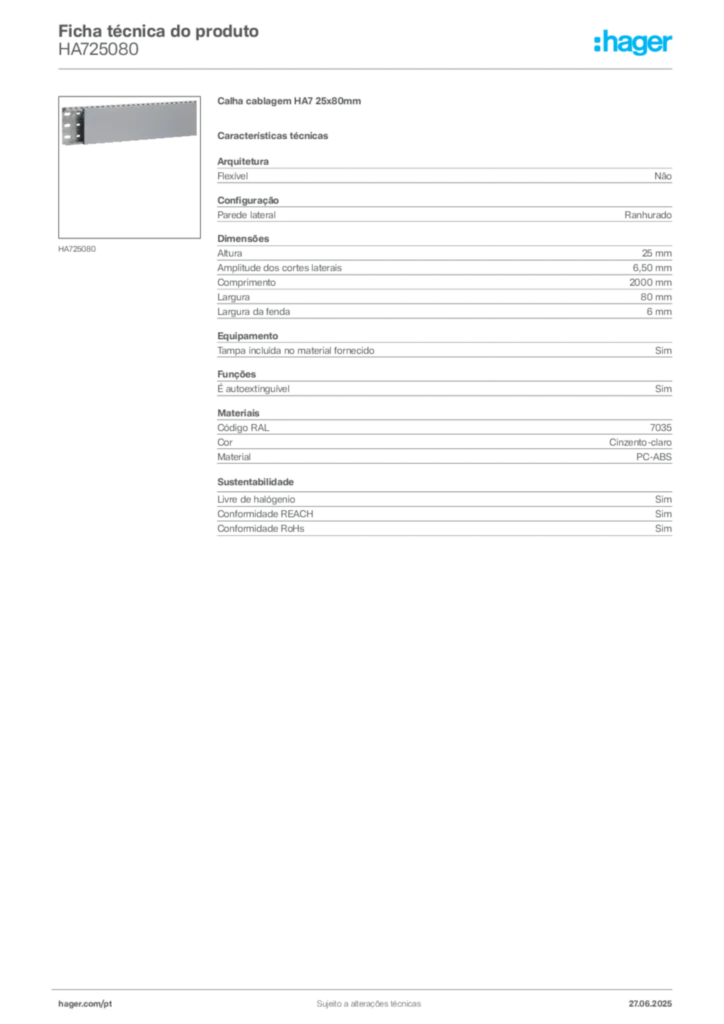 Imagem Hager Ficha técnica do produto HA725080 | Hager Portugal