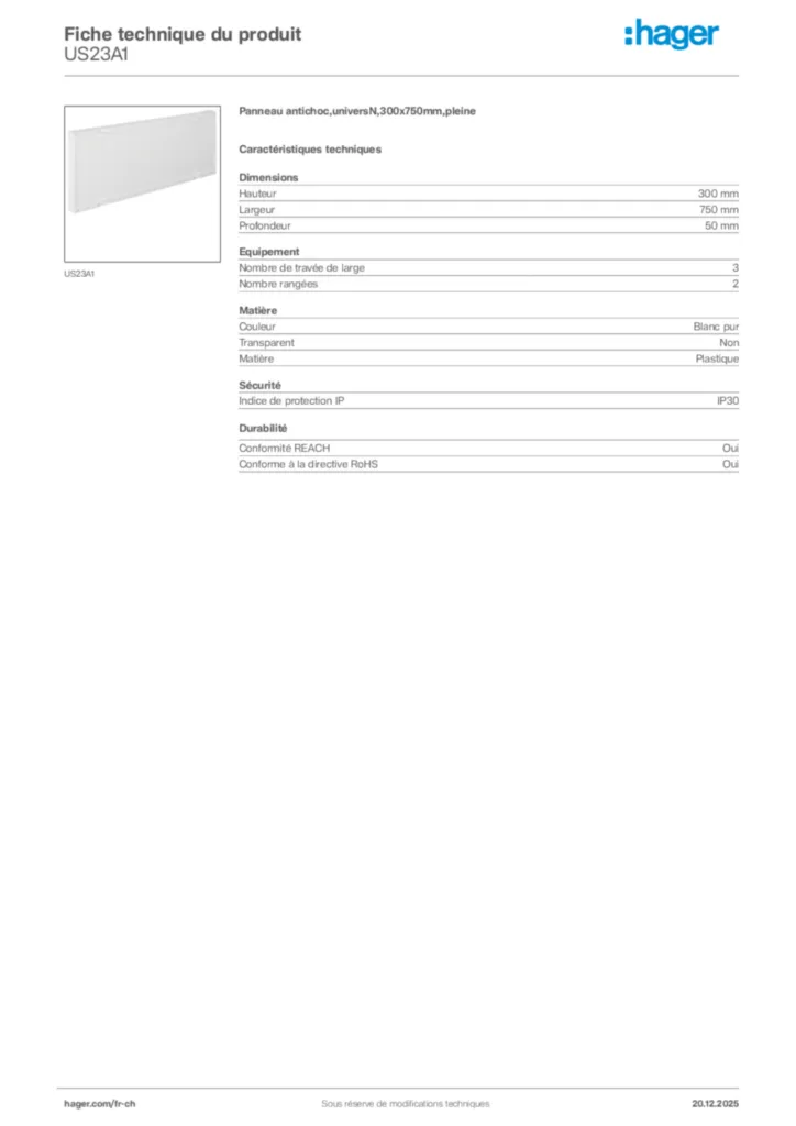 Image Hager Fiche technique du produit US23A1 | Hager Suisse