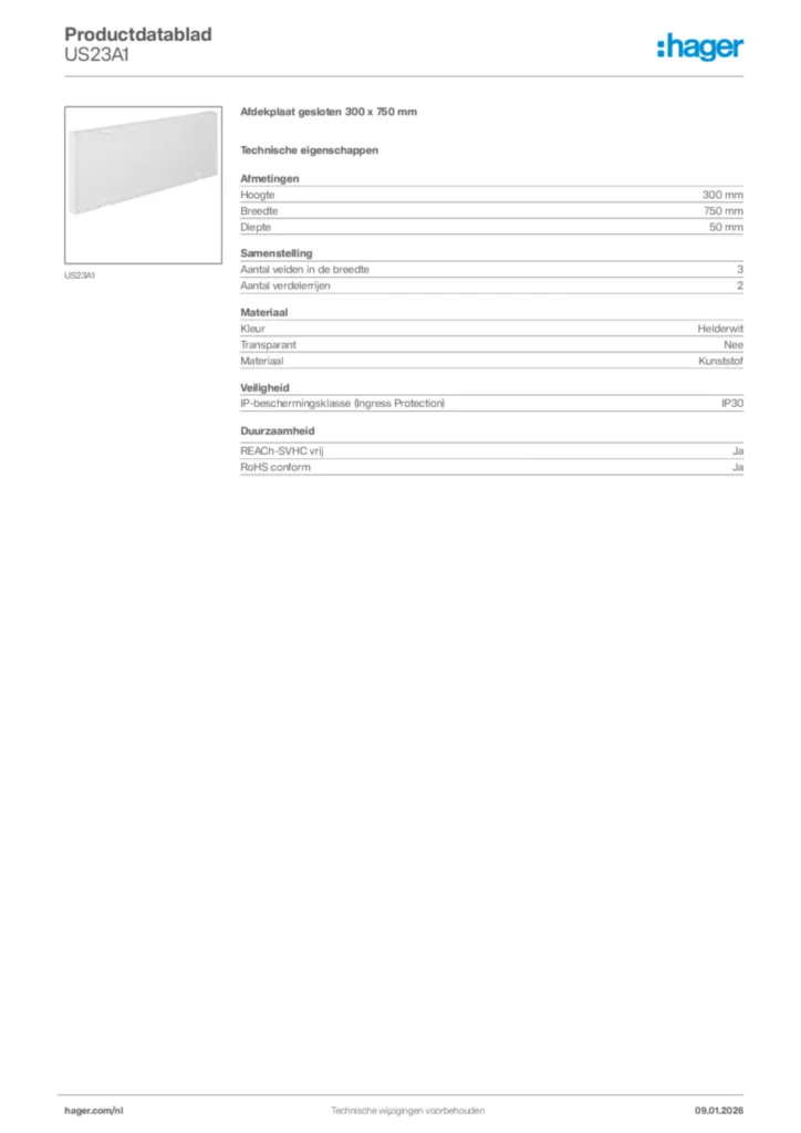 Afbeelding Hager Productdatablad US23A1 | Hager Nederland